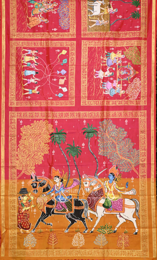 Red Yellow Hindu Festival Pure Hand-Painted  Pattachitra Saree