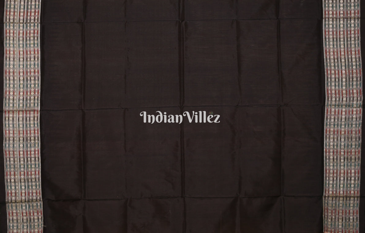 Beige Black Odisha Ikat Bomkai Sambalpuri Silk Saree with Konark Wheel Anchal