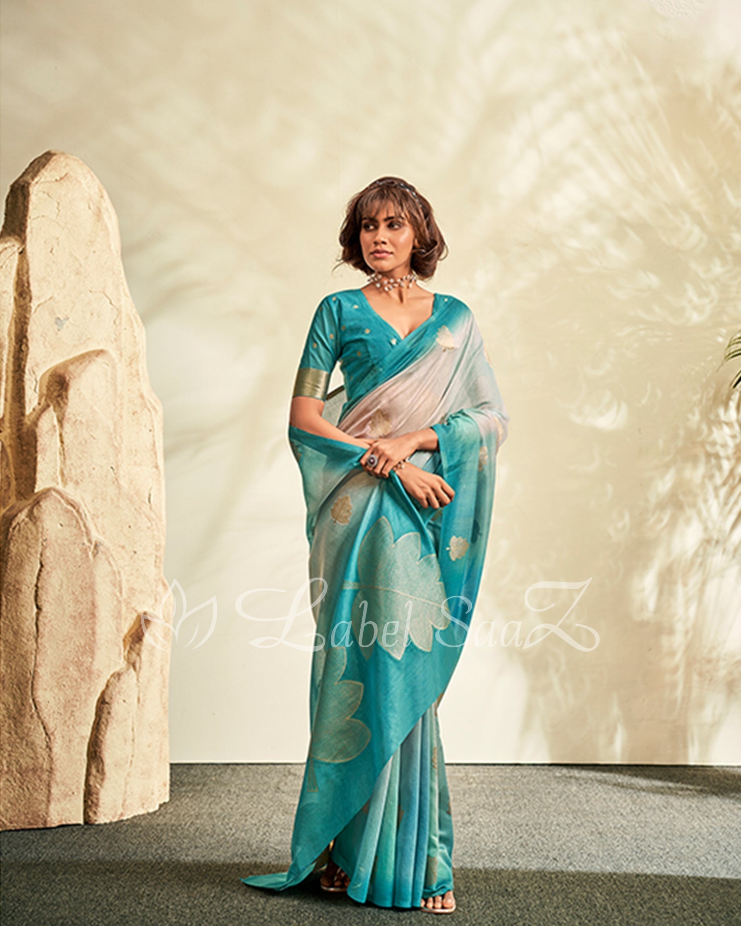 Blue Shaded Floral Linen Saree with Zari work
