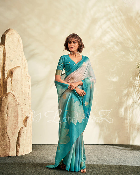 Blue Shaded Floral Linen Saree with Zari work