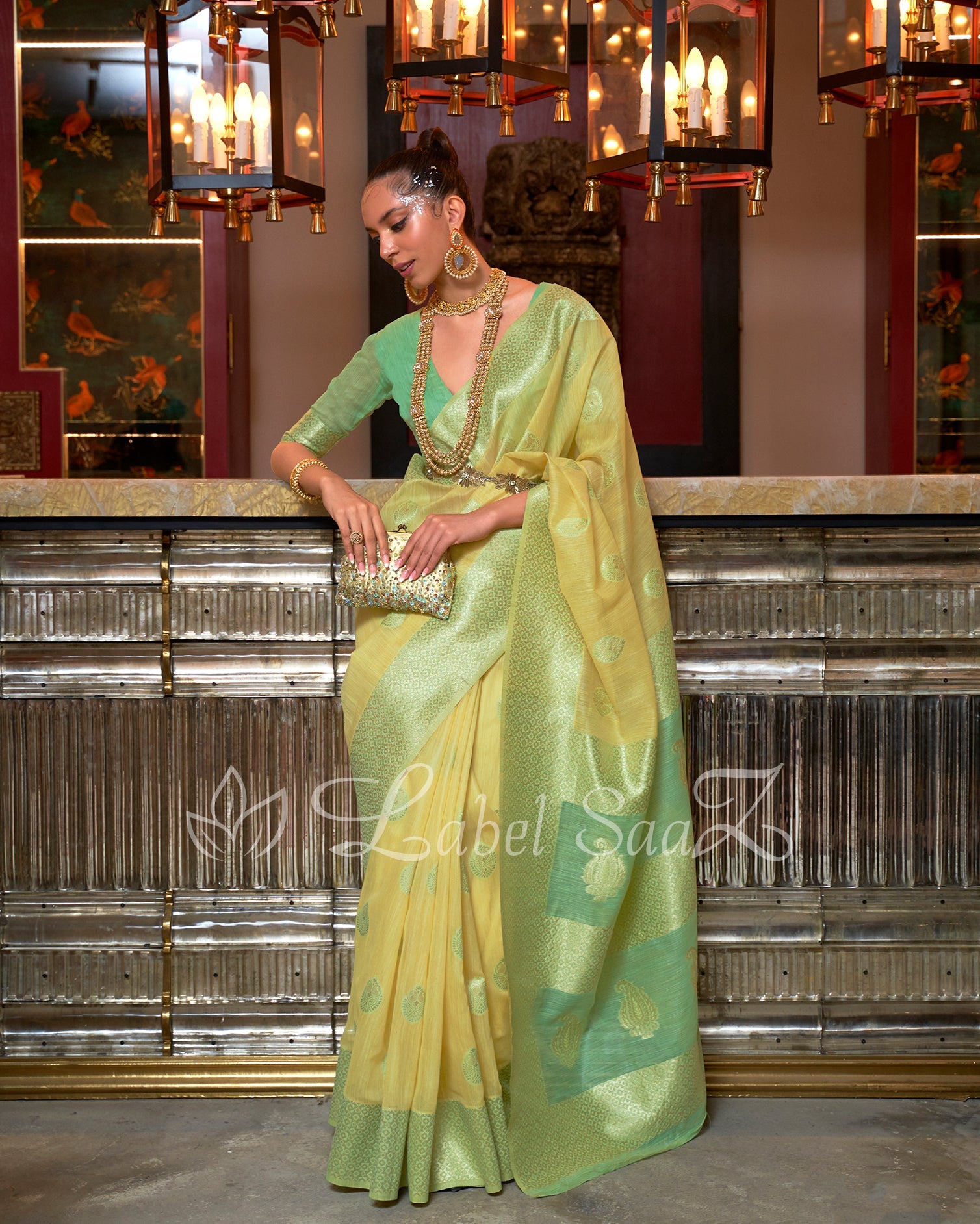 Lemon Yellow Pure Multicoloured Linen Banarasi Saree