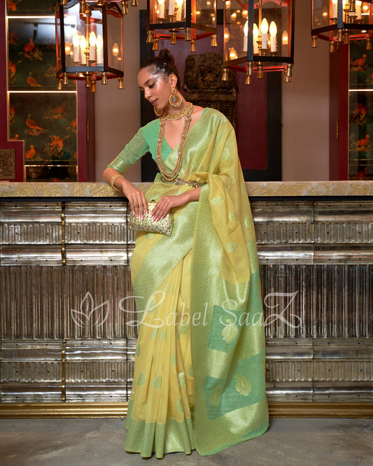 Lemon Yellow Pure Multicoloured Linen Banarasi Saree