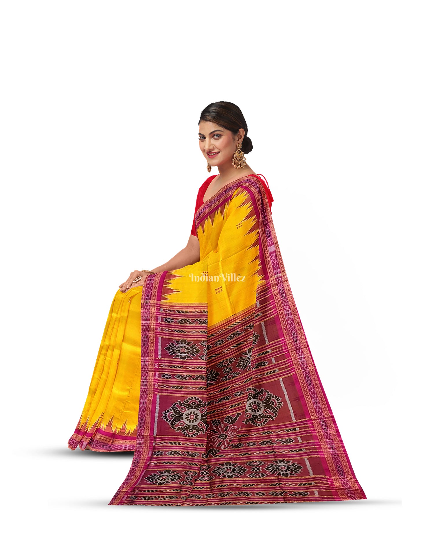 Yellow Red Butta design Odisha Ikat Khandua Silk Saree