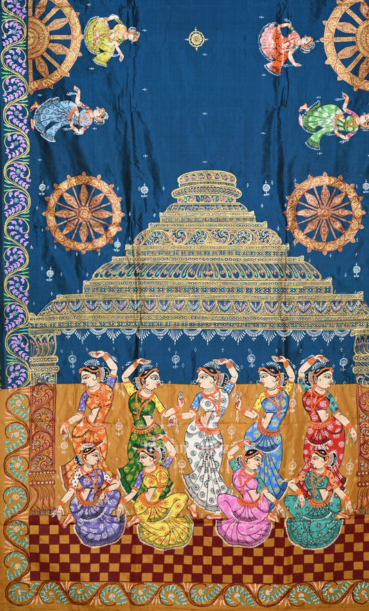 Blue Yellow Nartaki Konark Temple Hand-Painted Pattachitra Saree 