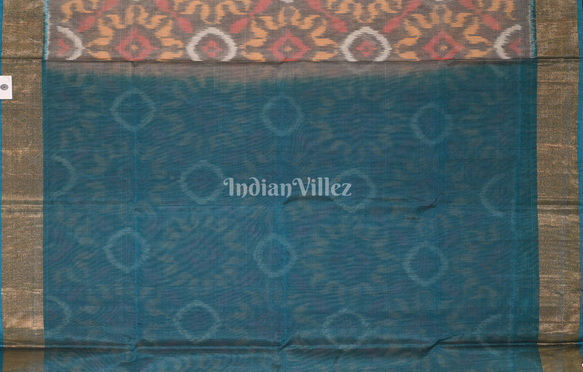 Gery Teal Blue Pochampally Ikat Silk Cotton (Sico) Saree
