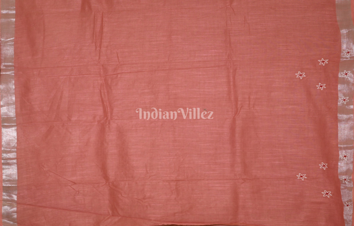 Peach Pink Hand Embroidered Applique Work Saree