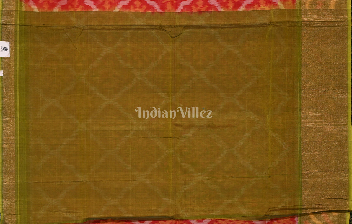 Brick Red Olive Green Pochampally Ikat Silk Cotton (Sico) Saree 