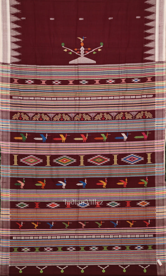 Maroon Handwoven Original Ganjam Bomkai Cotton Saree 