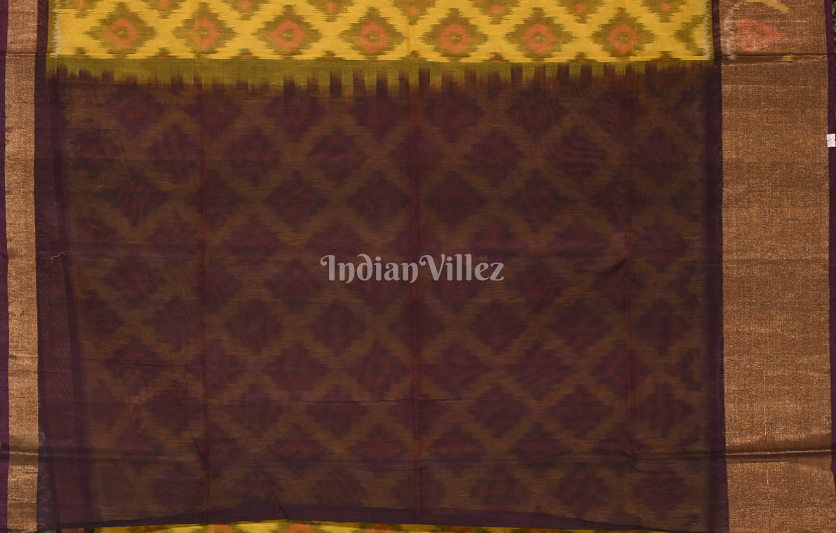 Mustard Yellow Purple Pochampally Ikat Silk Cotton (Sico) Saree 