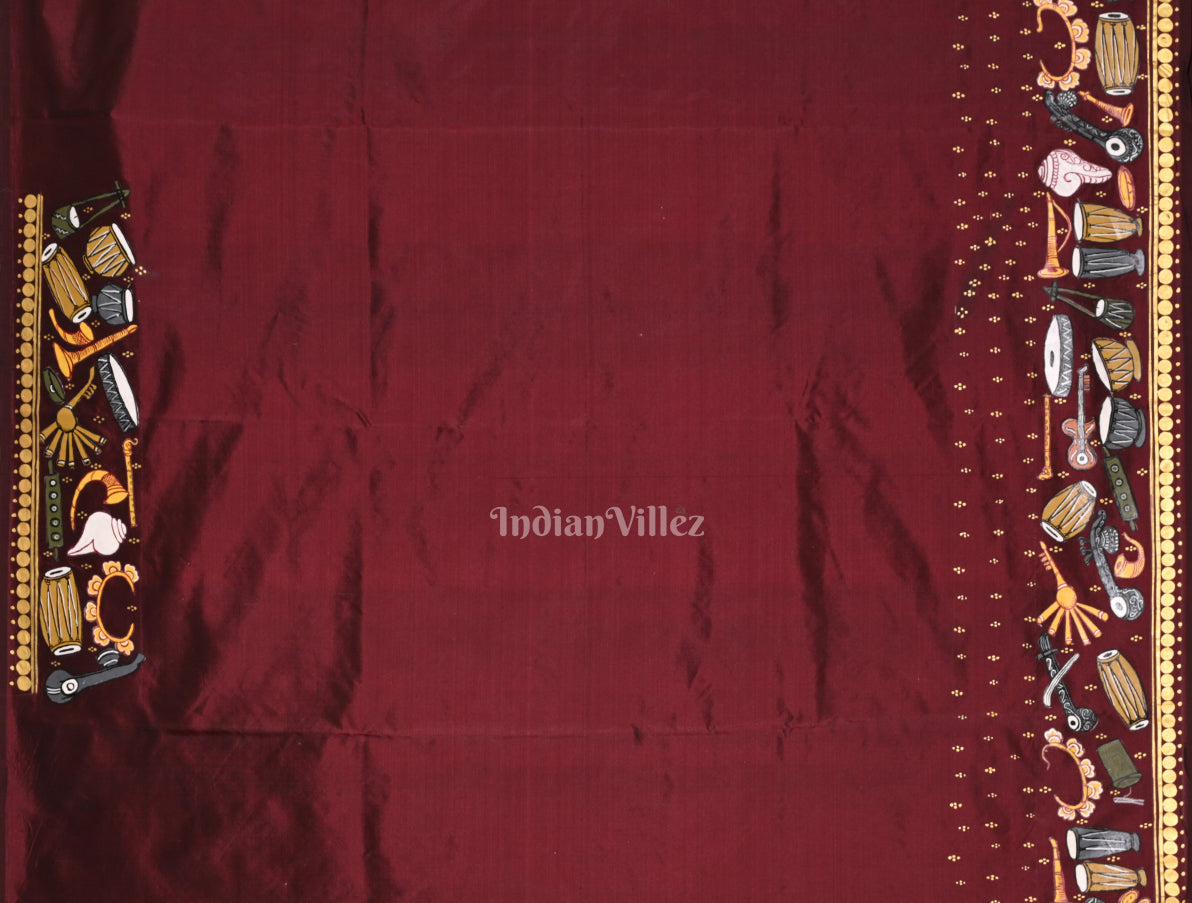 Maroon Sitar Instrument with Tabla Pattachitra Silk Saree 