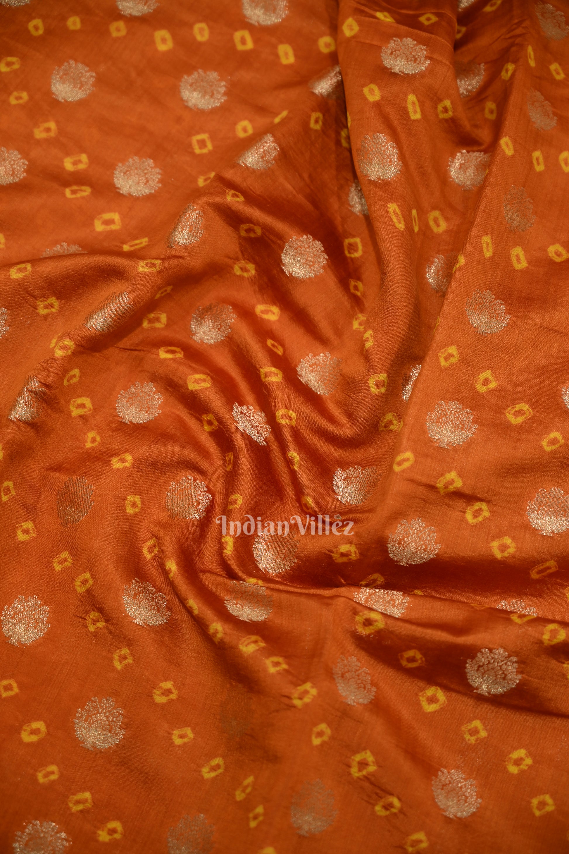 Orange Bandhini Work Pure Chiniya Silk Banarasi Saree 