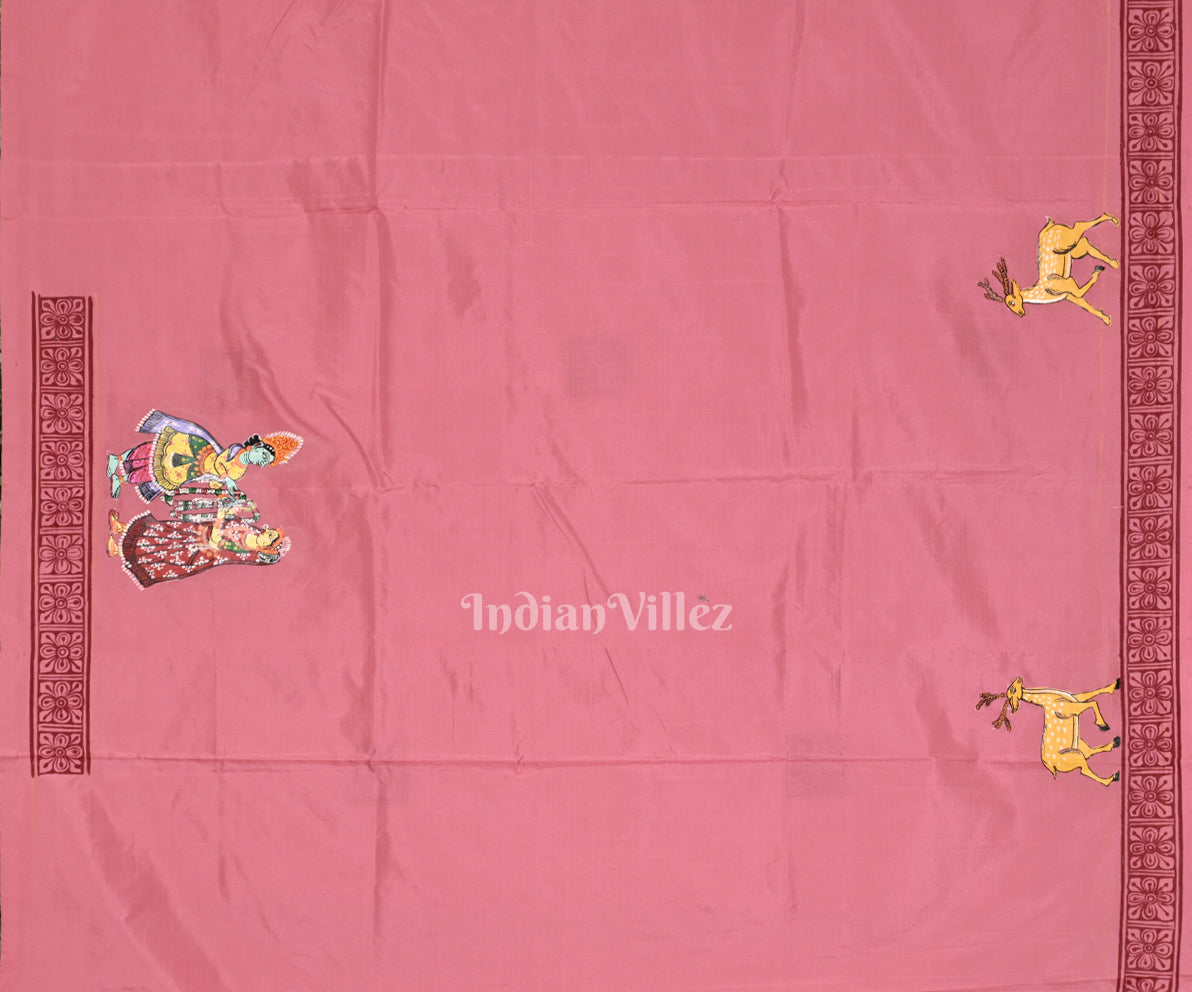 Baby Pink Ramayan Theme Hand-Painted Pattachitra Saree