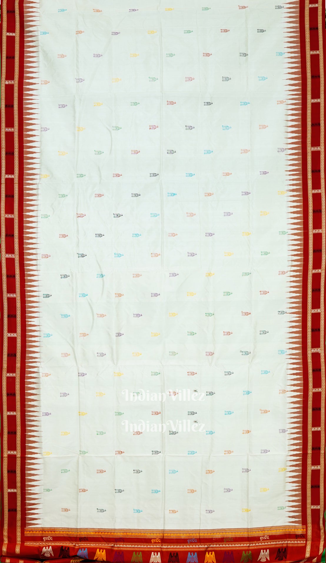 White Red Shree Mandir Theme Sambalpuri Ikat  Silk Saree