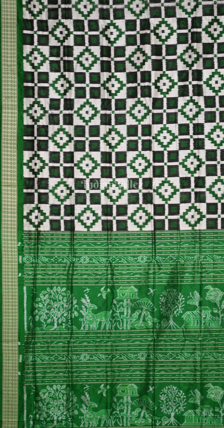 White Green Telia Rumal Odisha Ikat Sambalpuri Silk Saree 