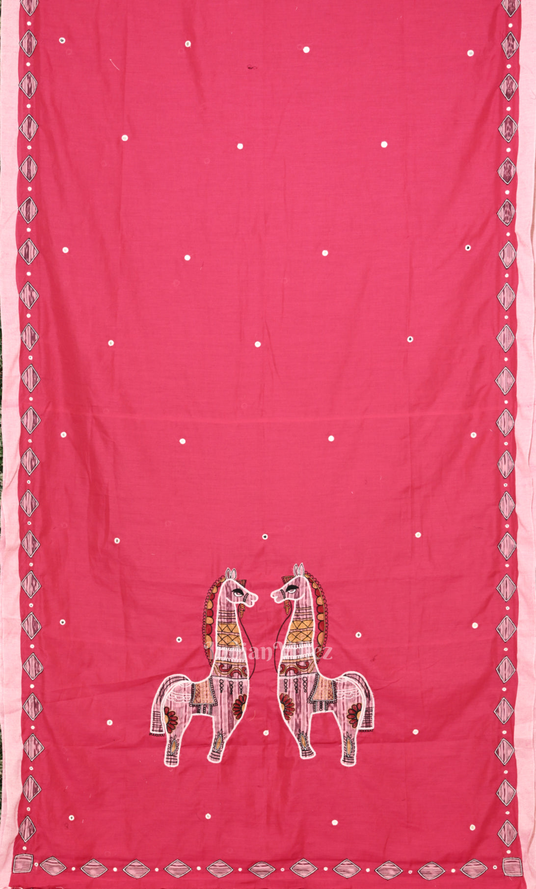Rani Pink Applique Hand  Work Embroidered Cotton Saree