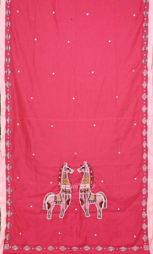 Rani Pink Applique Hand  Work Embroidered Cotton Saree