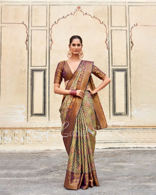 Green Printed Multi Color Pure Brocade Tissue Kanjivaram Saree