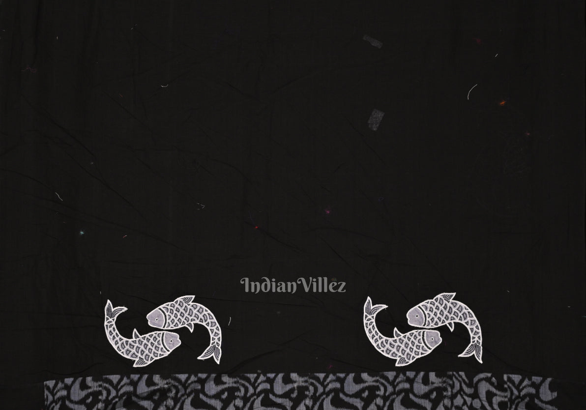 Black Odisha Ikat Applique Border Hand Embroidered Cotton Saree