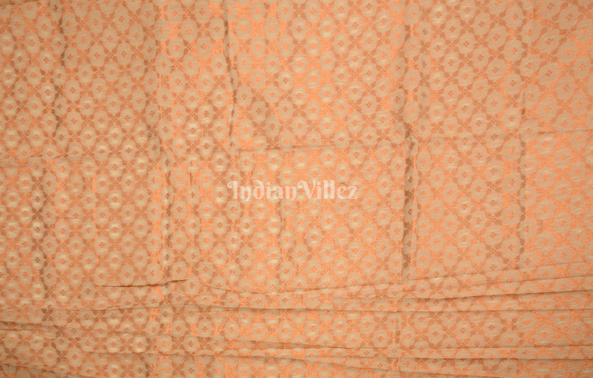 Off White Peach Linen Banarasi With Copper Zari Saree