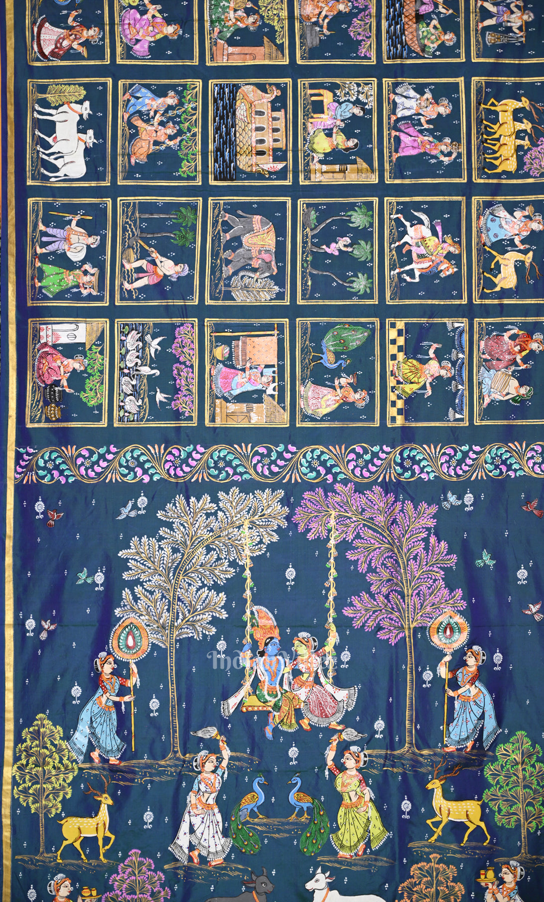 Blue Yellow Krishna Raas Village Theme Hand- Painted Pattachitra Saree
