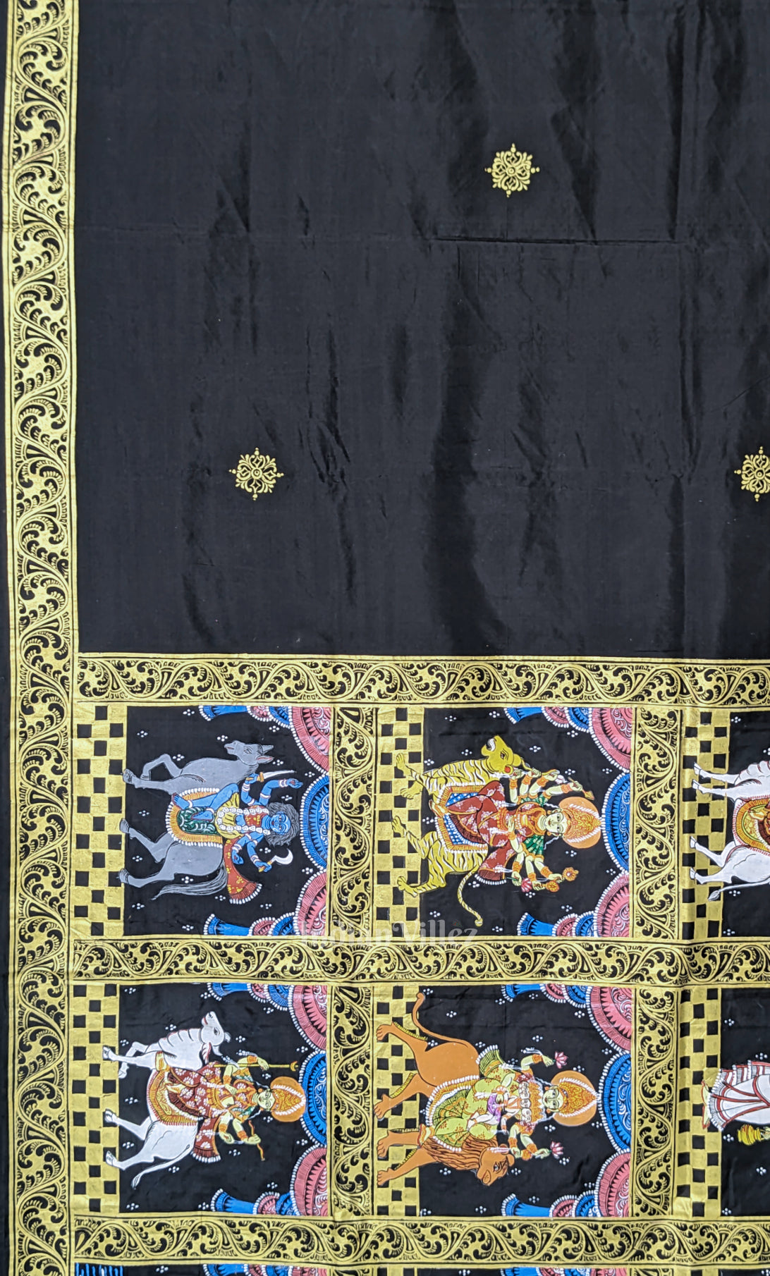 Black Navaratri Durga Puja Theme Hand-Painted Pattachitra Saree 
