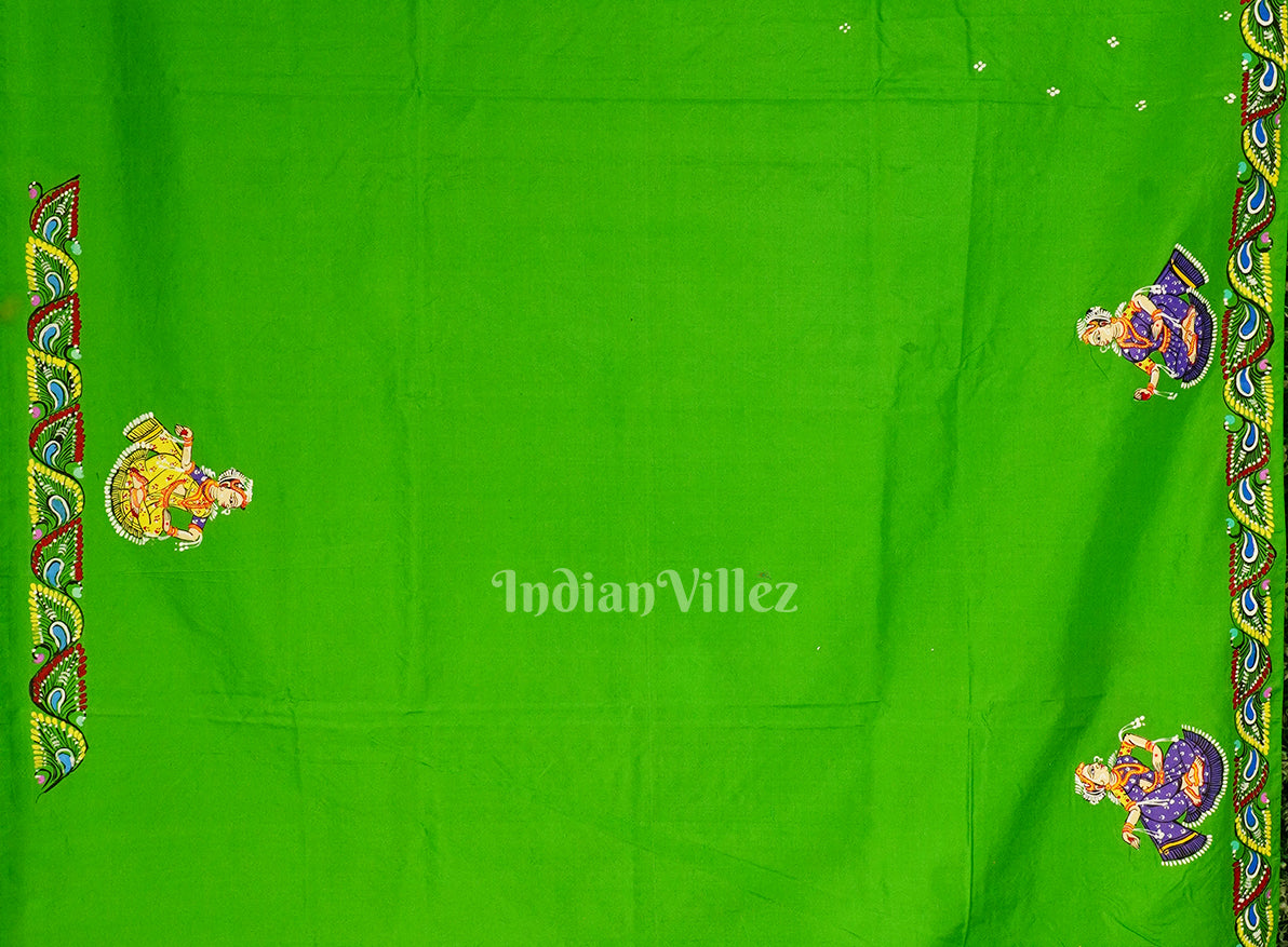 Blue With Green Raja Theme Pattachitra Silk Saree