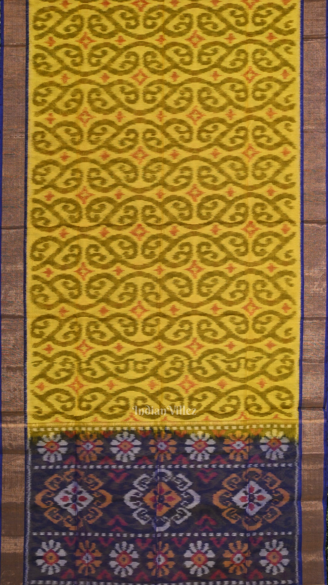 Yellow Blue Pochampally Ikat Sico (Silk & Cotton) Saree with Zari Border 