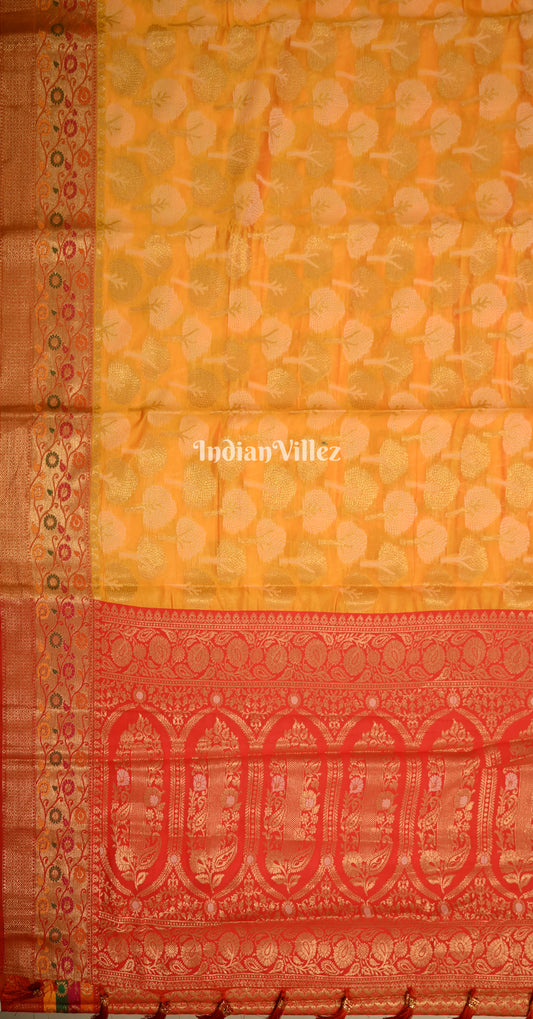 Yellow Red Organza Silk Meenakari Weaving Banarasi Saree 