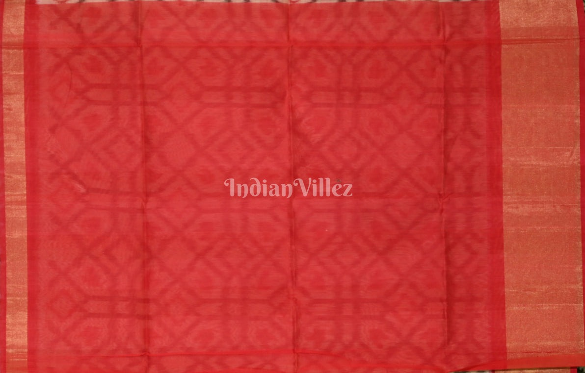 Beige Red Pochampally Ikat Silk Cotton (Sico) Saree