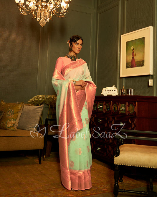 Rama Green pink Linen Handloom with Copper Zari Weaving 