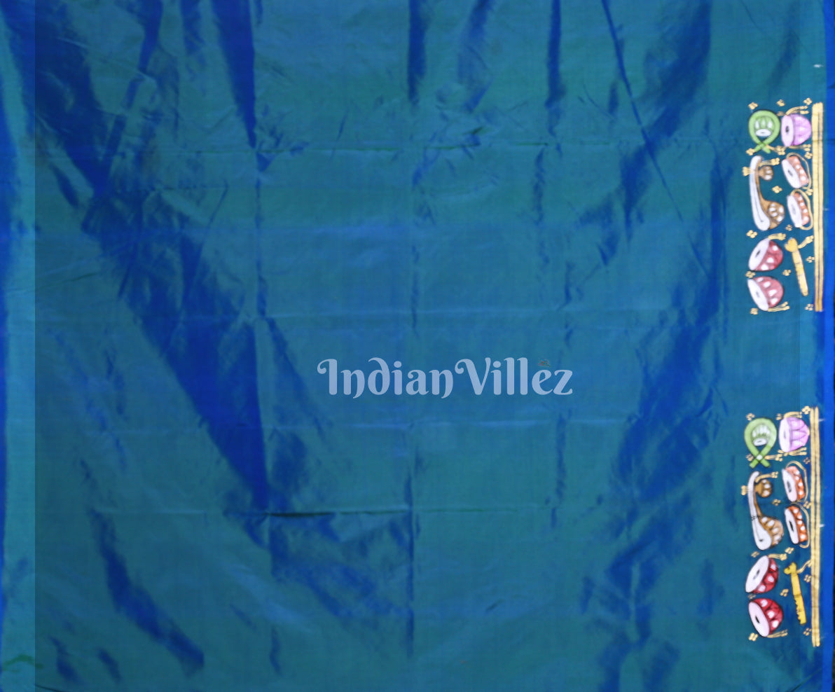 Peacock Blue Sitar Instrument Hand-Painted Pattachitra Saree 