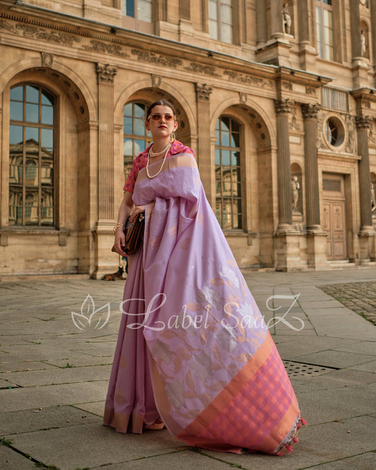 Pink Peach Soft Handloom Silk Weaving Saree