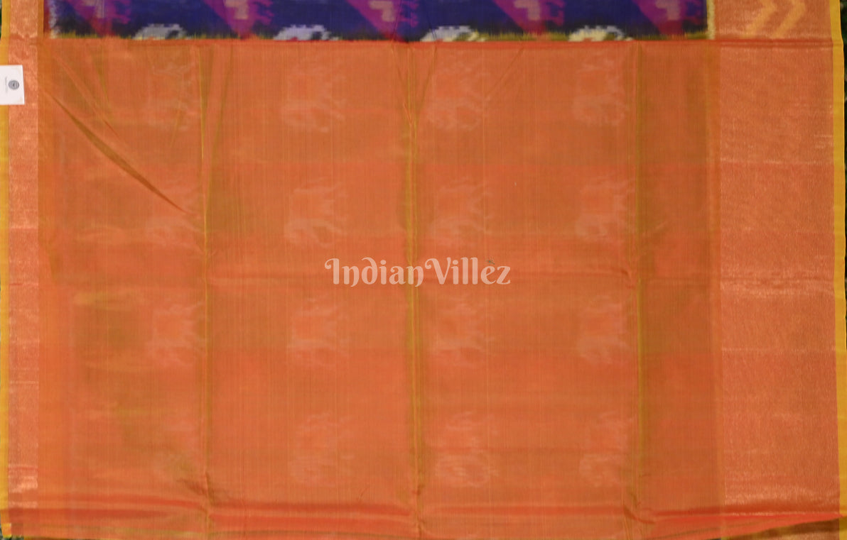 Blue Rust Orange Pochampally Ikat Silk Cotton (Sico) Saree