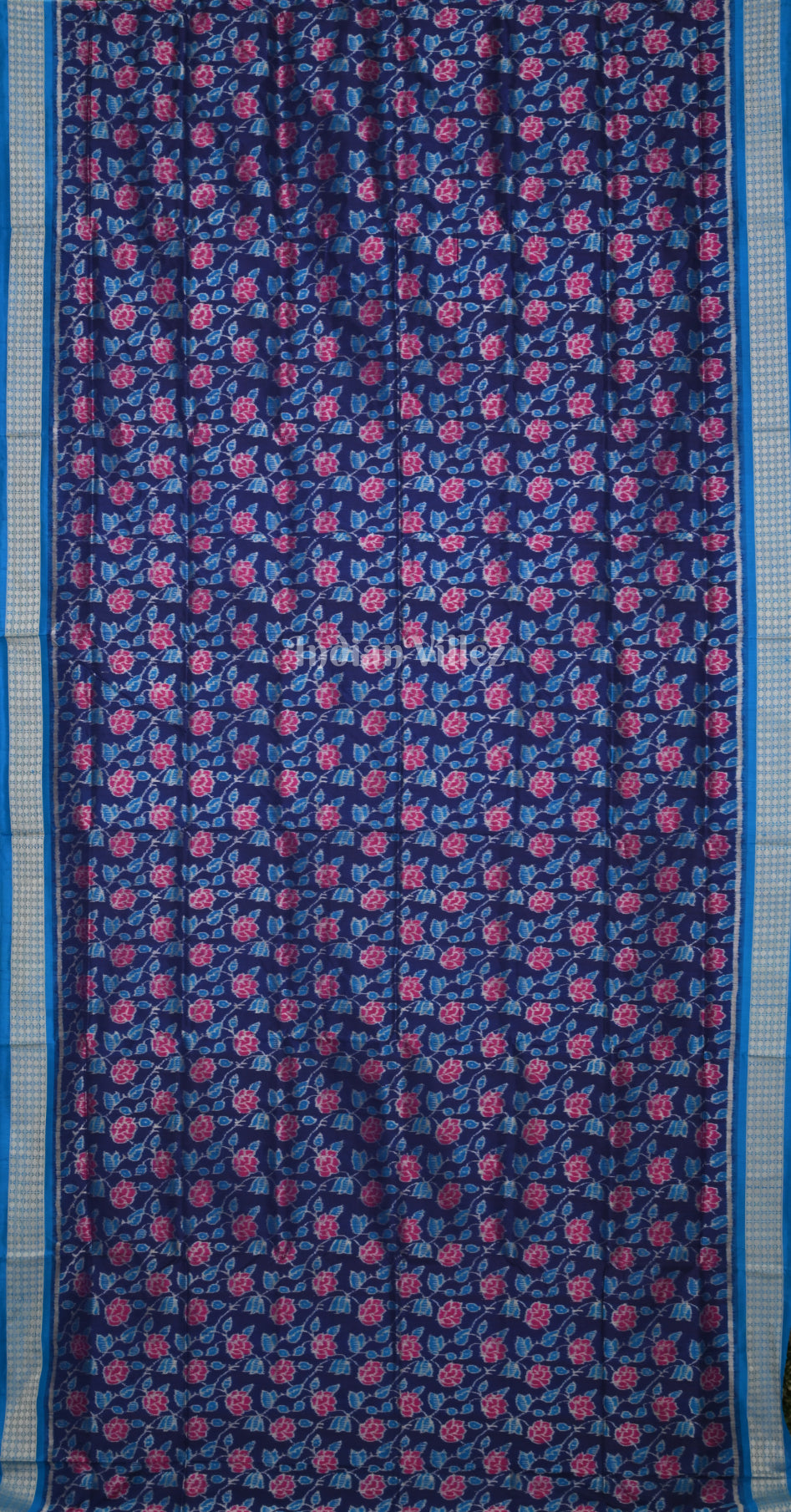 Blue Red Rose Motif Odisha Ikat Sambalpuri Silk Saree