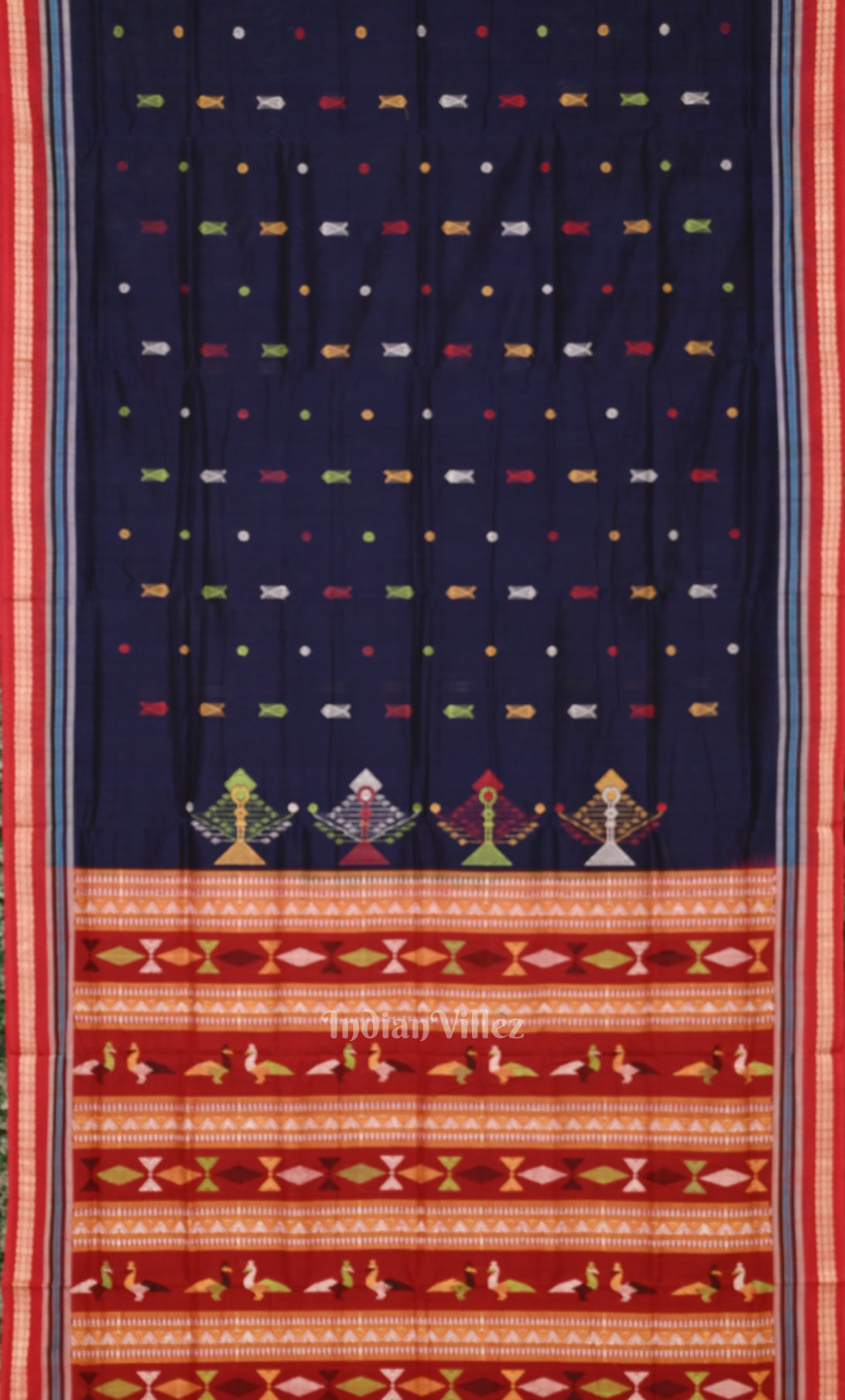 Blue Red Fish Motif  Odisha Ikat Bomkai Cotton saree