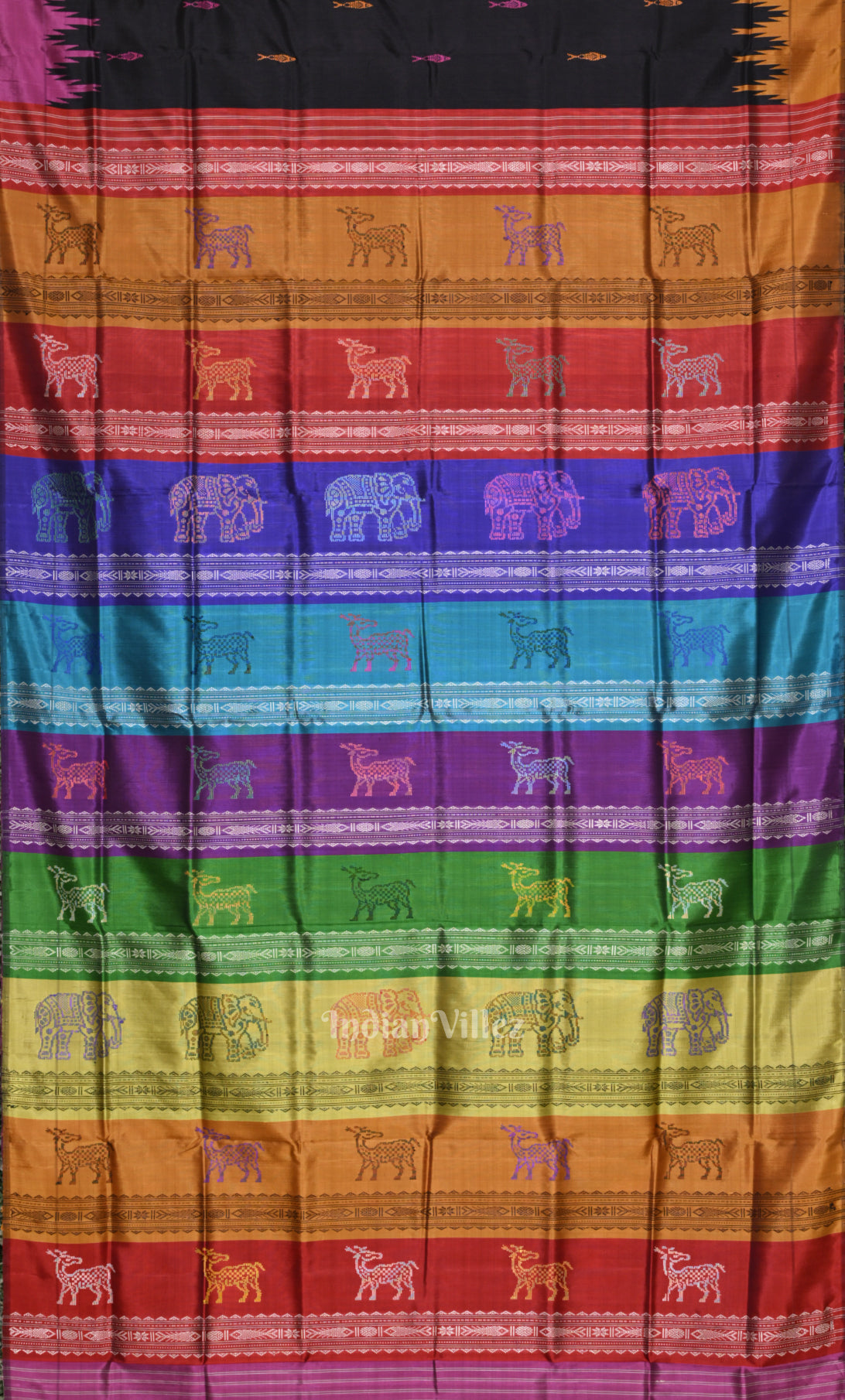 Black Fish Motif Double Pallu Berhampuri Silk Saree 