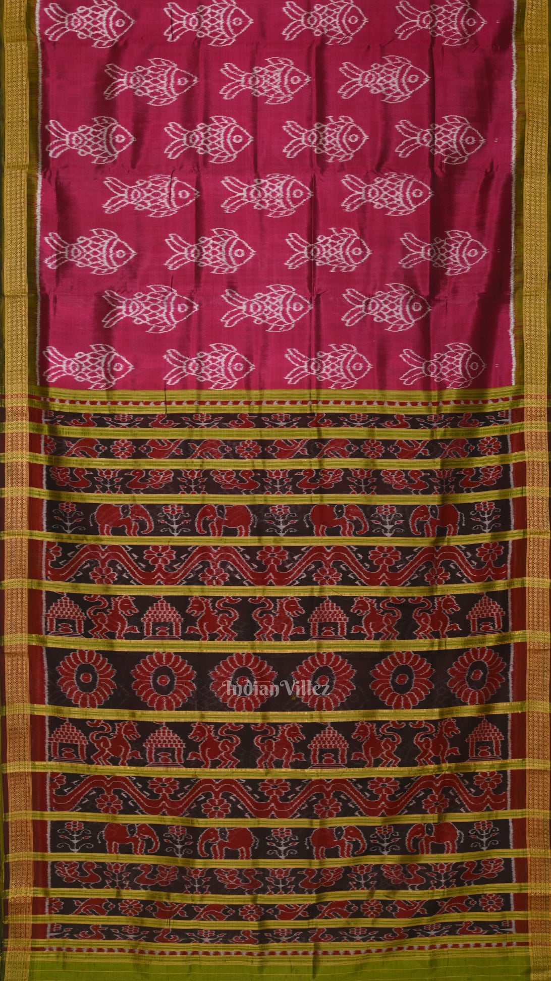 Magenta Pink Green Fish Motif  Sambalpuri Odisha Ikat Contemporary Designer Silk Saree
