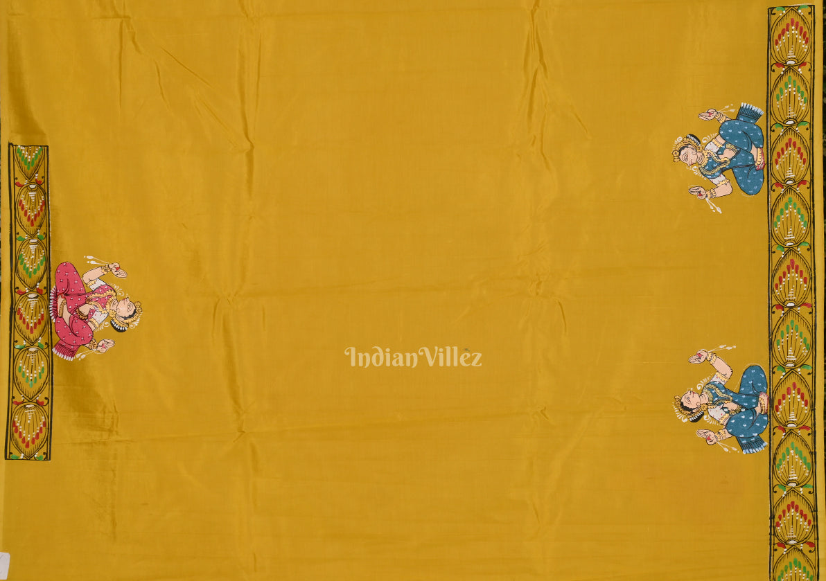 Yellow Radha Krishna Rasa Leela Hand-Painted Pattachitra Saree