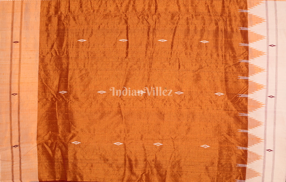 Rust Orange White Odisha Handloom Natural Dye Kotpad Tussar Saree 