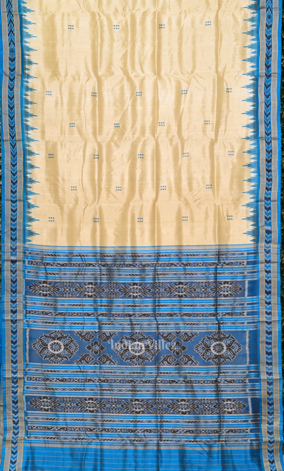 Cream Blue Buti Design Odisha Ikat Khandua Silk Saree 