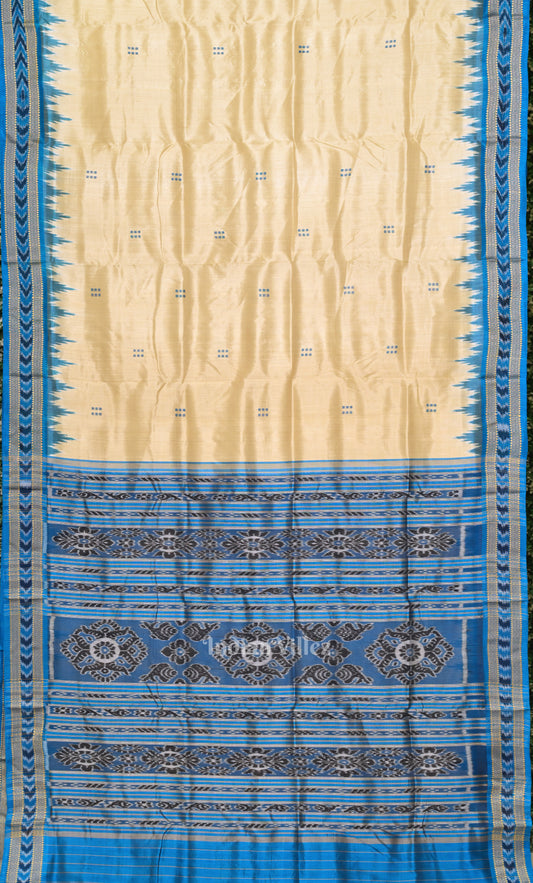 Cream Blue Buti Design Odisha Ikat Khandua Silk Saree 