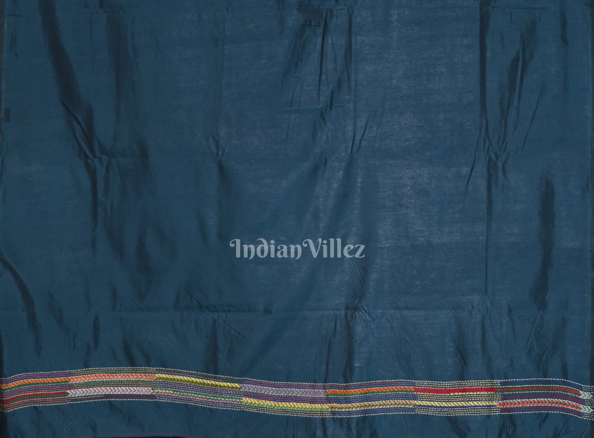 Indigo Blue Handwoven Kantha Stitch Silk Saree 