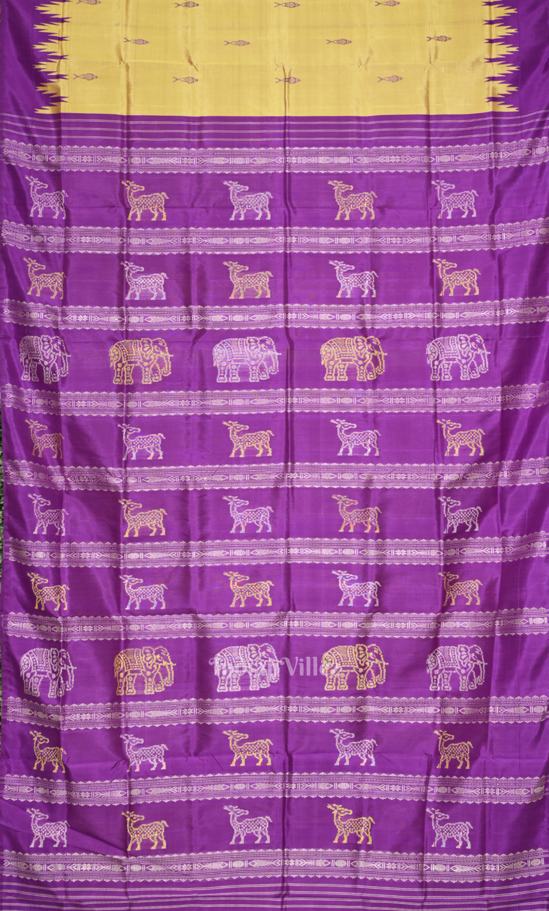 Yellow Purple Fish Motif Double Pallu Berhampuri Silk Saree