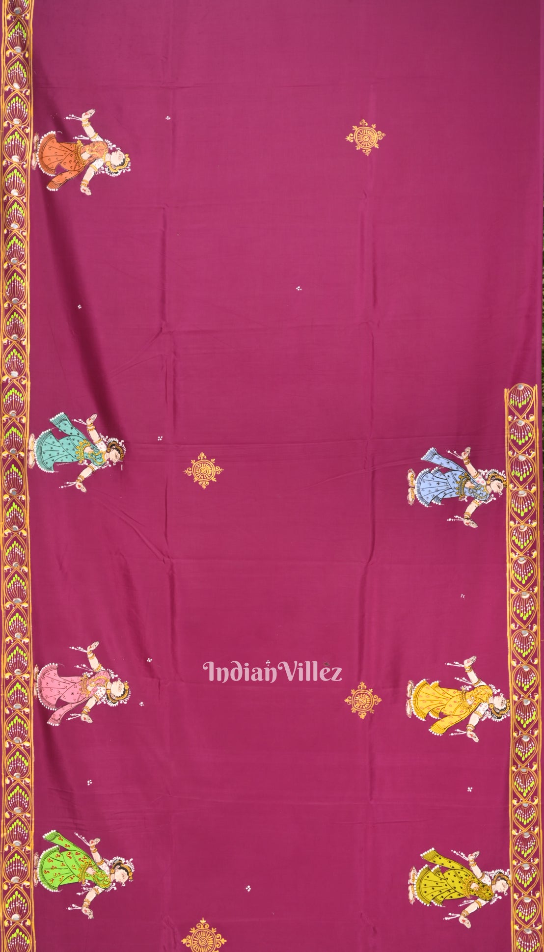 Maroon Ardha Chandra Krishna Rasa Leela Hand-Painted Pattachitra Saree