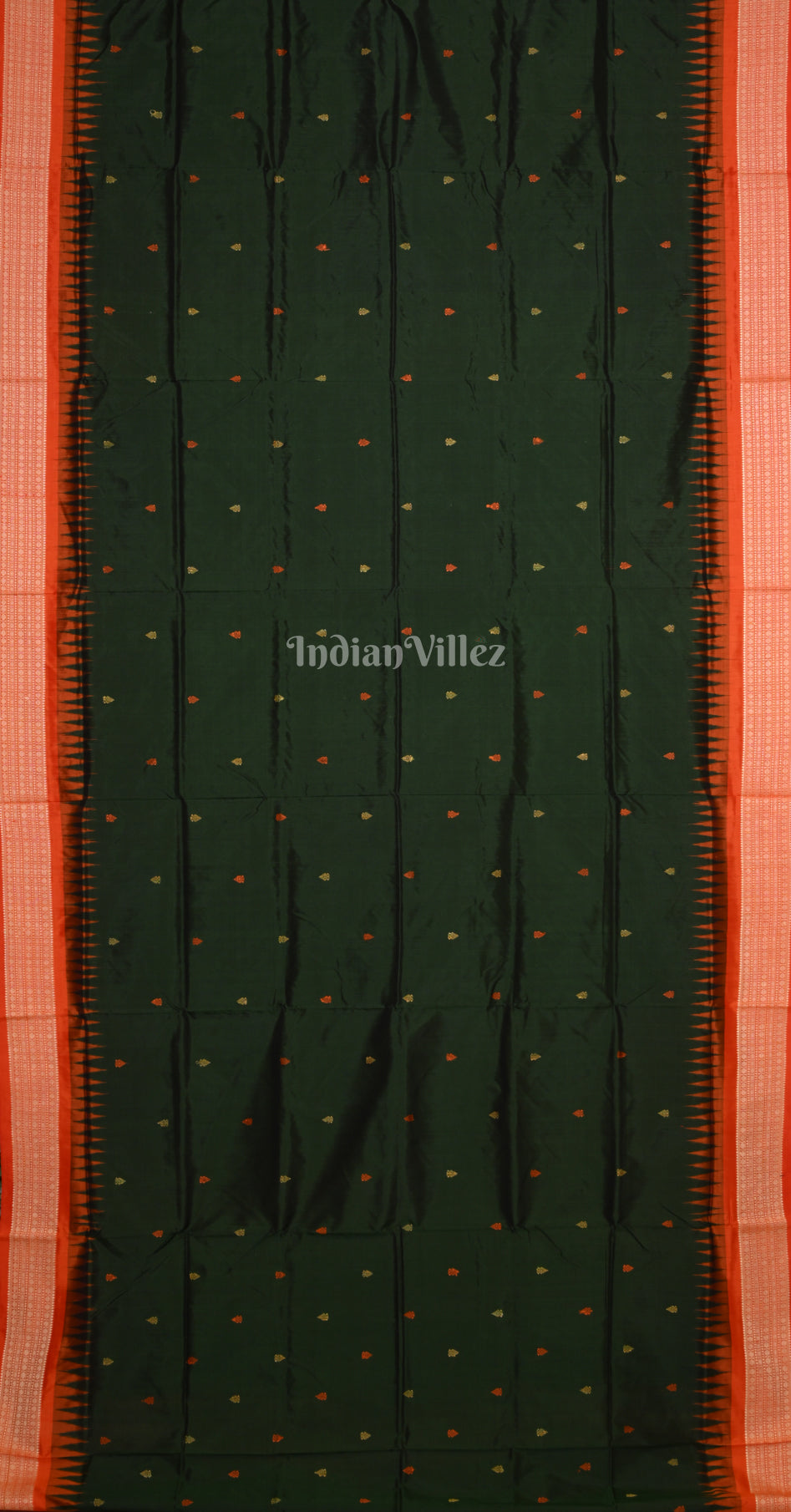 Bottle Green Red Temple Motif Bomkai Sambalpuri Silk Saree with Dolabedi Pallu