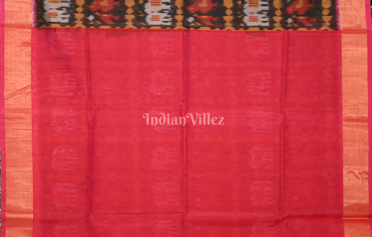 Black Magenta Pink Jungle Motif Pochampally Ikat (Sico) Saree 