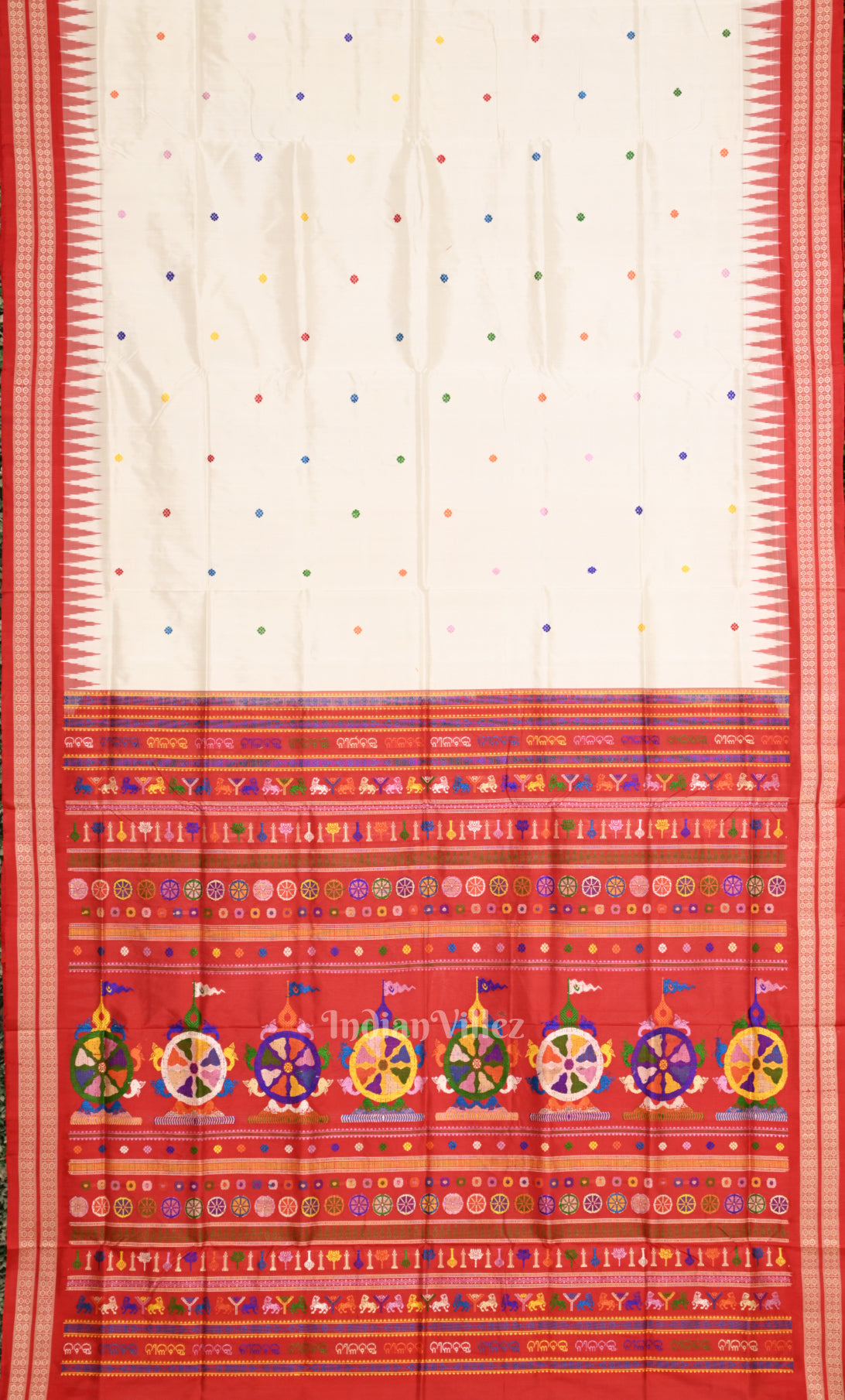 Exclusive White Red Nila Chakra Bomkai Sambalpuri Ikat Silk Saree