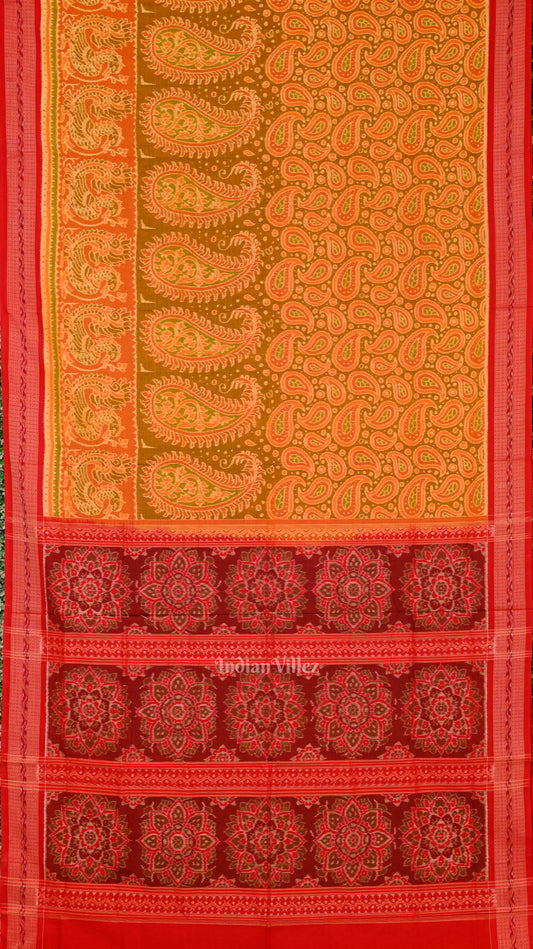 Mehendi Green Red Sambalpuri Pure Cotton Saree 