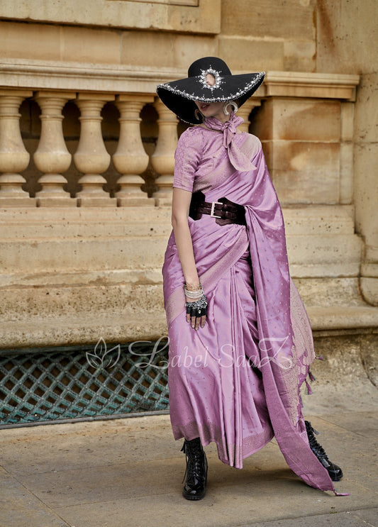 Smoky Purple Handwoven Satin Silk Banarasi Saree With Brocade Blouse