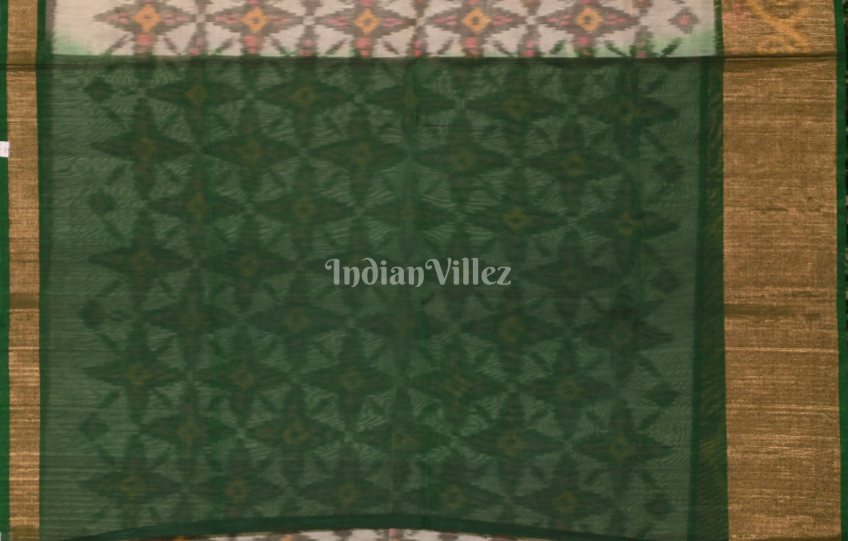 Cream Green Pochampally Ikat Silk Cotton (Sico) Saree 